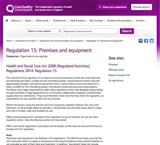 CQC Regulation 15 Premises and Equipment site