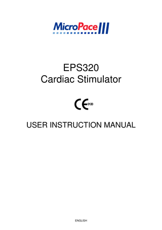 USER INSTRUCTION MANUAL  Table of Contents 1 INTRODUCTION & ESSENTIAL PRESCRIBING INFORMATION...1 1.1 DEVICE DESCRIPTION ...1 1.1.1 Description of system ...1 1.1.2 Accompanying Documentation...1 1.1.3 Intended Use ...2 1.1.4 Indications for Use...2 1.1.5 Contraindications ...2 1.2 COMPATIBLE EQUIPMENT ...2 1.3 IMPORTANT PATIENT SAFETY W ARNINGS ...3 1.3.1 General Warning ...3 1.3.2 Warnings Specific to the EPS320 Stimulator ...4 1.3.3 Warnings Related to the use of EPS320 Stimulator with RF Ablation Equipment...4 1.4 GENERAL PRECAUTIONS IN HANDLING STIMULATOR ...5 1.5 ADVERSE EVENTS ...6 1.5.1 Observed Adverse Events...6 1.5.2 Potential Adverse Events ...7 1.6 SUMMARY OF EPS320 STIMULATOR FIELD TRIAL ...9 1.7 INDIVIDUALIZATION OF TREATMENT & PATIENT COUNSELLING INFORMATION ...10 1.8 REFERENCES ...11 2 DEVICE RATINGS, CLASSIFICATION AND CERTIFICATION ...12 3 COPYRIGHT, WARRANTY AND DISCLAIMER NOTICE ...13 4 EXPLANATION OF SYMBOLS ...14 5 EPS320 CONFIGURATION ...18 6 INSTALLATION...19 6.1 UNPACK CONTAINERS ...19 6.2 CONNECT SYSTEM COMPONENTS ...19 7 STIMULATOR OPTIONS ...22 8 USING THE EPS320 CARDIAC STIMULATOR...23 8.1 SWITCHING ON THE SYSTEM ...23 8.2 USING THE COMPUTER ...23 8.3 USING THE KEYBOARD AND THE OPTIONAL TOUCH DISPLAY ...24 8.4 USING THE STIMULATOR SOFTWARE...27 8.4.1 Help Function ...27 8.4.2 The Main Stimulator Screen...27 8.4.3 Pacing Parameters ...27 8.4.4 Basic Pacing...27 8.4.5 Overview of Using the Stimulator Software...29 8.5 STIMULATION PARAMETERS ...32 8.5.1 Current...32 8.5.2 Duration ...32 8.5.3 Train...32 8.5.4 Decrement ...33 8.5.5 Sync-to...33 8.5.6 Pace Mode ...33 8.5.7 S1 Parameter ...34 8.5.8 S2-S7 Parameter ...34 8.5.9 Pause Parameter...35 8.5.10 Pace Site ...36 8.5.11 ECG Sense Site ...37 8.5.12 QRS Detect Menu ...38 8.6 PACE STATUS ...38 8.6.1 Sense Site ...38 8.6.2 RR Measurement ...38 8.6.3 Impedance measurement...38  ENGLISH  i  