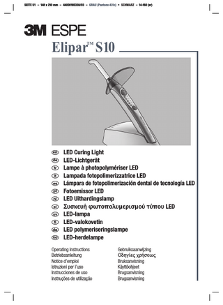en ENGLISH   Elipar™ S10 LED Curing Light Table of Contents Page Safety 1 Glossary of Symbols 2 Product Description 2 Fields of Application 3 Technical Data 3 Charger 3 Handpiece 3 Charger and Handpiece 4 Transport and Storage Conditions 4 Installation of the Unit 4 Factory Settings 4 Initial Steps 4 Charger 4 Light Guide/Handpiece 4 Inserting the Battery 4 Battery Charging 5 Operating Status Display of the Charger 5 Power Level Display of the Handpiece 5 Operation 5 Selection of Exposure Time 5 Activating and Deactivating the Light 6 Positioning the Light Guide 6 Removing and Inserting the Light Guide from/into the Handpiece 6 Measurement of Light Intensity 6 Sleep Mode 6 7 Acoustical Signals - Handpiece Troubleshooting 7 Maintenance and Care 8 Inserting/Removing the Battery 8 Handpiece/Battery Care 8 Cleaning the Light Guide 8 Clean Charger, Handpiece, and Glare Shield 9 Storage of the Handpiece during Extended Periods of Non-Use 9 Return of Old Electric and Electronic Equipment for Disposal 9 Collection 9 Return and Collection Systems 9 Meaning of the Symbols 10 Customer Information 10 Warranty 10 Limitation of Liability 10  Safety PLEASE NOTE! Prior to installation and start-up of the unit, please read these instructions carefully! As with all technical devices, the proper function and safe operation of this unit depend on the user’s compliance with the standard safety procedures as well as the specific safety recommendations presented in these Operating Instructions. 1. Use of the device is restricted to trained personnel in accordance with the instructions below. The manufacturer assumes no liability for any damage resulting from the use of this unit for any other purpose. 2. Prior to start-up of the unit make sure that the operating voltage stated on the rating plate is compatible with the available mains voltage. Operation of the unit at a different voltage may damage the unit. 3. Position the unit so that the power plug is accessible at all times. The power plug is used to turn the charger on and off. To disconnect the charger from the mains, remove the power plug from the electrical outlet. 4. Use only the 3M ESPE charger which is provided with the unit. The use of any other charger can result in damage to the battery. 5. CAUTION! Do not stare at source. May be harmful to the eyes. Exposure must be restricted to the area of the oral cavity in which clinical treatment is intended. Protect patient and user from reflection and intensive scattered light by taking the appropriate measures, e.g., glare shield or coverings. 6. CAUTION! The Elipar S10 unit generates high intensity light. High light intensity always involves the production of heat. The light emitted should be aimed directly above the material to be cured - exposure of the soft tissues (gingiva, oral mucosa, and skin) to high-intensity light should be avoided as such exposure may cause damage or irritation. If applicable, cover such areas. If exposure of soft tissues cannot be avoided, adjust the polymerization process to the light level, e. g., by shortening the polymerization times or increasing the distance between the light guide exit and the material to be cured. Longer exposure in the region of the pulp can lead to injury or irritation of the pulp, which is why the specified exposure times must not be exceeded. 7. Elipar S10 may be operated only with the supplied light guide or original 3M ESPE Elipar S10 replacement light guide. The light guide has to be seen as an applied part. The use of other light guides may result in a reduction or increase in the light intensity. The product’s warranty does not cover any damage resulting from the use of third-party light guides. 1  en ENGLISH   SEITE 1 - 148 x 210 mm - 44000185338/03 - SCHWARZ - 14-160 (sr)  