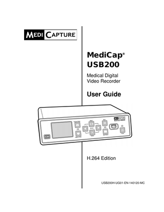 MediCap® USB200 User Guide – English  Table of Contents Introduction ... 5 Ordering Information ... 5 Technical Support ... 5 Front Panel... 6 Back Panel ... 6 Typical Connections ... 7 Quick Start Guide ... 8 Connecting the MediCap USB200 ... 9 Inserting a USB Flash Drive ... 9 Capturing Images ... 9 Capturing Videos... 10 Reviewing Images and Video Clips... 10 Creating Patient Folders ... 11 Using the Menus ... 11 Main Menu ... 12 Setup Menu ... 13 Image Options Menu ... 13 Video Options Menu... 14 Advanced Options Menu ... 14 Volume Menu ... 15 Transferring Images to Your Computer... 15 Viewing Still Images on Your Computer... 15 Viewing Videos on Your Computer ... 15 Other Features ... 16 Using a Footswitch ... 16 Deleting Images... 16 Patient Information Feature ... 16 Using an External Hard Drive ... 17 Connecting to a Network ... 18 Appendix A: Specifications... 19 Appendix B: MediCapture Limited Warranty ... 20  4 of 20  USB200H-UG01-EN-140120-MC  