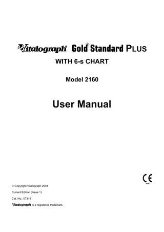 Table Of Contents CHAPTER 1: INTRODUCING THE MANUAL Purpose of the Manual Contents of the Manual Conventions used in the Manual CHAPTER 2: INTRODUCING THE VITALOGRAPH GOLD STANDARD PLUS Description of the Vitalograph Gold Standard Plus Physical Features of the Vitalograph Gold Standard Plus Principles of Operation Using the Vitalograph Gold Standard Plus with Peripheral Devices Description of Buttons Description of Items on Screen Displays CHAPTER 3: INSTALLING THE VITALOGRAPH GOLD STANDARD PLUS Removing the Transit Clamp Connecting to a Power Source Inserting the Breathing Tube and Mouthpiece or Filter Adjusting the Chart Carrier Inserting the Vitalogram Chart Adjusting the Stylus Powering Up the Gold Standard Plus Configuring the Electronics Module Setting Up Save Setting Up Indices Selecting a Printer Defining Configuration Defining Smart About the Software CHAPTER 4: CALIBRATING THE VITALOGRAPH GOLD STANDARD PLUS Checking Accuracy Adjusting Calibration Accuracy Check and Maintenance Logs Your Unit's Accuracy Check History Log When to check accuracy? CHAPTER 5: ENTERING OR SELECTING SUBJECT INFORMATION Entering a New Subject Selecting an Existing Subject  5 5 5 5 6 6 6 6 7 7 7 7 8 8 9 9 10 11 11 12 12 12 14 14 15 16 17 17 19 20 20 20 22 22 23  CHAPTER 6: PERFORMING TESTS  24  Instructing the Subject Performing a VC Test Performing an FVC Test Performing an MVV Test Performing an Inspiratory Test Quality Messages Test Acceptance  24 24 25 27 28 28 29  CHAPTER 7: INTERPRETING TEST RESULTS Background Features of the Chart Features of the Flow Rate Calculator Interpreting Results VC FVC FEVt FEV% FMEF  30 30 30 32 33 33 34 35 36 37 3  