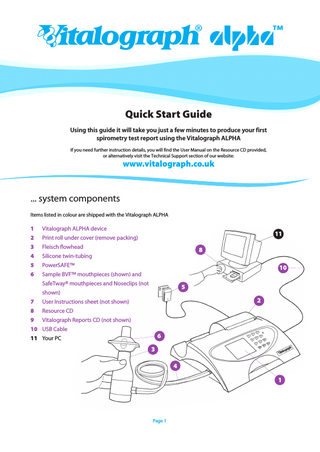 Vitalograph® ALPHA  ™  Quick Start Guide Using this guide it will take you just a few minutes to produce your first spirometry test report using the Vitalograph ALPHA If you need further instruction details, you will find the User Manual on the Resource CD provided, or alternatively visit the Technical Support section of our website:  www.vitalograph.co.uk  ... system components Items listed in colour are shipped with the Vitalograph ALPHA  1  Vitalograph ALPHA device  2  Print roll under cover (remove packing)  3  Fleisch flowhead  4  Silicone twin-tubing  5  PowerSAFE™  6  Sample BVF™ mouthpieces (shown) and  11 8 10  SafeTway® mouthpieces and Noseclips (not  5  shown) 7  User Instructions sheet (not shown)  8  Resource CD  9  Vitalograph Reports CD (not shown)  2  10 USB Cable  6  11 Your PC  3 4 1  Page 1  