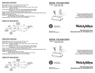 SPECIFICATIONS  DESK CHARGERS  Model Numbers: 71114, 71116,71118, 71154, 71156, 71158 Power Cord - 0.75mm2, 3 wire earthed cord, 3m. Long Input...Class 1...220-250v. (Numbers 71114, 71116, 71118, 71154, 71156, 71158) 50-60 Hz., .04 Amp. Output...Model Number 60713, 71500 for 71670 Rechargeable Battery Handles (charging rate: 75 ma. for 71500 and 60713; 60 ma. for 71670) Fuses...(F1 and F2)...40 ma. Time lag low breaking capacity, 250 V. Leakage Current is less than 10 microamps from any exposed metal part when proper earth is used. Weight - approximately 1.25 kg. Dimension - Charger requires only 18.4 x 8.9 cm. Optional Charger with specula holder requires 18.4 x 21.6 cm. Transport/Storage - 40oF (-40oC) to 122oF (+50oC) 95% RH Max.  Numbers: 71114, 71116, 71118 71154, 71156, 71158  Thank you for purchasing this convenient charger for diagnostic instruments. The specifications and maintenance instructions contained in this pamphlet should be followed to insure years of convenient service.  CIRCUIT DIAGRAM Split-Bobbin Step-Down Transformer Terminal Block  F1 T.04L  27 2.5 v. Or 3.5v. Nickel Cadmium Batteries  Pilot Light  Plug (According to Model No.)  F2 T.04L  Manufactured in compliance with EN60601-1  27  Outside of Battery Handles  Listed Product ETL Laboratories  SPECIFICATIONS  4341 State Street Road Skaneateles Falls, NY 13153-0220 U.S.A.  DESK CHARGERS  Model Numbers: 71114, 71116,71118, 71154, 71156, 71158 Power Cord - 0.75mm2, 3 wire earthed cord, 3m. Long Input...Class 1...220-250v. (Numbers 71114, 71116, 71118, 71154, 71156, 71158) 50-60 Hz., .04 Amp. Output...Model Number 60713, 71500 for 71670 Rechargeable Battery Handles (charging rate: 75 ma. for 71500 and 60713; 60 ma. for 71670) Fuses...(F1 and F2)...40 ma. Time lag low breaking capacity, 250 V. Leakage Current is less than 10 microamps from any exposed metal part when proper earth is used. Weight - approximately 1.25 kg. Dimension - Charger requires only 18.4 x 8.9 cm. Optional Charger with specula holder requires 18.4 x 21.6 cm. Transport/Storage - 40oF (-40oC) to 122oF (+50oC) 95% RH Max.  Numbers: 71114, 71116, 71118 71154, 71156, 71158  Thank you for purchasing this convenient charger for diagnostic instruments. The specifications and maintenance instructions contained in this pamphlet should be followed to insure years of convenient service.  CIRCUIT DIAGRAM Split-Bobbin Step-Down Transformer Terminal Block  F1 T.04L  27 2.5 v. Or 3.5v. Nickel Cadmium Batteries  Pilot Light  Plug (According to Model No.)  F2 T.04L Outside of Battery Handles  27  Listed Product ETL Laboratories  Manufactured in compliance with EN60601-1  4341 State Street Road Skaneateles Falls, NY 13153-0220 U.S.A.  