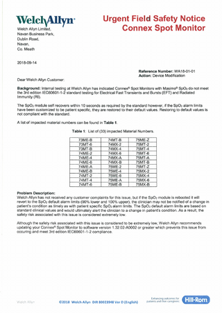 WelchAllyn Connex Spot Monitors Urgent Field Safety Notice Aug 2018