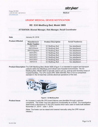 Model 3005 S3 MedSurg Bed Urgent Medical Device Notification Jan 2016