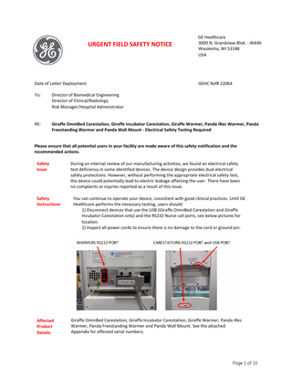 GE Giraffe OmniBed,Incubator,Warmer and Panda systems Urgent Field Safety Notice Oct 2018