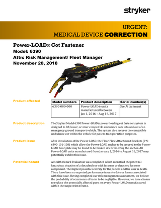Model 6390 Power-LOAD Cot Fastener Urgent Medical Device Correction Nov 2018