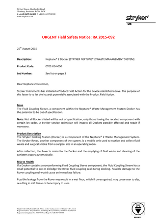 NEPTUNE 2 Docker Urgent Field Safety Notice Aug 2015