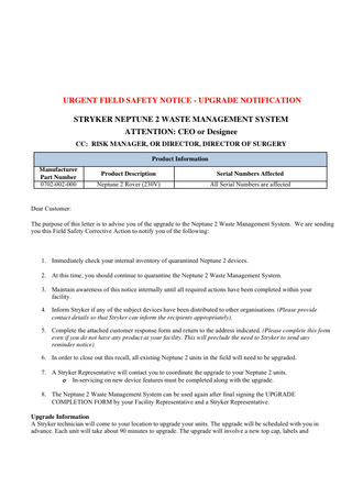 NEPTUNE 2 Urgent Field Safety Notice Jan 2015