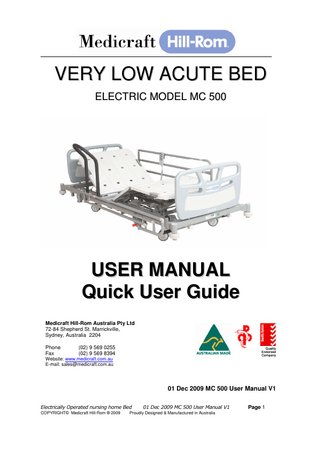 Medicraft Hill-Rom Model MC 500 User Manual and Quick User Guide V1 Dec 2009