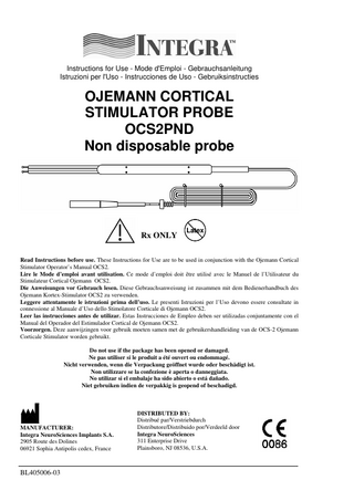 OCS2PND Ojemann Cortical Stimulator Instructions for Use Rev July 2009