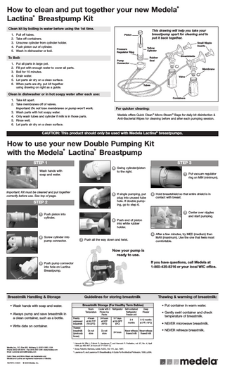 ®  How to clean and put together your new Medela Lactina Breastpump Kit ®  Clean kit by boiling in water before using the 1st time. 1. 2. 3. 4. 5.  Pull off tubes. Take off containers. Unscrew cylinder from cylinder holder. Push piston out of cylinder. Wash in dishwasher or boil.  This drawing will help you take your breastpump apart for cleaning and to put it back together.  Piston  Yellow Cylinder  Pressure Regulator Ring  To Boil: 1. 2. 3. 4. 5. 6.  Rubber Seal  Pump Connector  Put all parts in large pot. Fill pot with enough water to cover all parts. Boil for 10 minutes. Drain water. Let parts air dry on a clean surface. When parts are dry, put kit together using drawing on right as a guide.  Small Nipple Inserts  Breastshields  Membrane Valve  Tubes  Clean in dishwasher or in hot soapy water after each use: Containers  1. Take kit apart. 2. Take membranes off of valves. Important: Do not lose membranes or pump won't work. 3. Wash parts with hot soapy water. 4. Only wash tubes and cylinder if milk is in those parts. 5. Rinse well. 6. Let parts air dry on a clean surface.  For quicker cleaning: Medela offers Quick Clean™ Micro-Steam™ Bags for daily kit disinfection & Anti-Bacterial Wipes for cleaning before and after each pumping session.  CAUTION: This product should only be used with Medela Lactina® breastpumps.  How to use your new Double Pumping Kit with the Medela Lactina Breastpump ®  ®  STEP 1  STEP 3 4 Swing cylinder/piston to the right.  Wash hands with soap and water.  Important: Kit must be cleaned and put together correctly before use. See top of page.  5 If single pumping, put plug into unused tube hole. If double pumping, go to step 6.  STEP 2  1 Put vacuum regulator ring on MIN (minimum).  2 Hold breastshield so that entire shield is in contact with breast.  3 Center over nipples and start pumping.  1 Push piston into cylinder.  6 Push end of piston into white rubber holder.  2 Screw cylinder into pump connector.  4 After a few minutes, try MED (medium) then MAX (maximum). Use the one that feels most comfortable.  7 Push all the way down and twist.  Now your pump is ready to use. If you have questions, call Medela at 1-800-435-8316 or your local WIC office.  3 Push pump connector into hole on Lactina Breastpump.  Thawing & warming of breastmilk:  Breastmilk Handling & Storage  Guidelines for storing breastmilk  • Wash hands with soap and water.  Breastmilk Storage (For Healthy Term Babies)  • Always pump and save breastmilk in a clean container, such as a bottle. • Write date on container.  Medela, Inc., P.O. Box 660, McHenry, IL 60051-0660, USA Phone: (800) 435-8316 Fax: (815) 363-1246 www.medela.com Email: customer.service@medela.com Quick Clean and Micro-Steam are trademarks and Medela and Lactina are registered trademarks of Medela. 1907670 A 0304  © 2004 Medela, Inc.  Room Cooler with 3 Refrigerator Self-contained Temperature Frozen Ice Refrigerator Packs Freezer unit Freshly expressed breastmilk  4 hours at 66-72ºF (19-22ºC)  24 hours at 59ºF (15ºC)  5-7 days at 32-39ºF (0ºC)  Thawed breastmilk (previously frozen)  Do not store  Do not store  24 hours  3-4 months  Deep Freezer 6-12 months at 0ºF (-19ºC)  Never refreeze Never refreeze thawed milk thawed milk  1  Hamosh M, Ellis L, Pollock D, Henderson T, and Hamosh P: Pediatrics, vol. 97, No. 4, April 1996. pp 492-497. (4 hours at 77° F/25° C).  2  Sosa, Roberto; Barness, Lewis: AJDC, Vol. 141, Jan. 1987.  3  Lawrence R, and Lawrence R: Breastfeeding: A Guide For the Medical Profession, 1999, p.894.  • Put container in warm water. • Gently swirl container and check temperature of breastmilk. • NEVER microwave breastmilk. • NEVER refreeze breastmilk.  