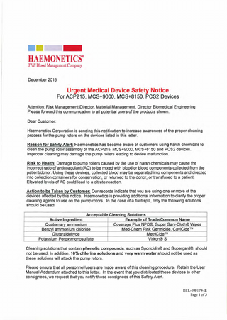 Pump Rotors various models Urgent Medical Device Safety Notice Dec 2015