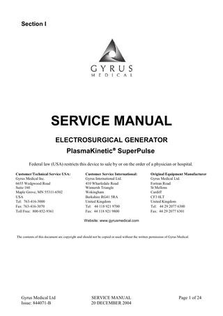 PlasmaKinetic SuperPulse Generator Service Manual Issue B Dec 2004