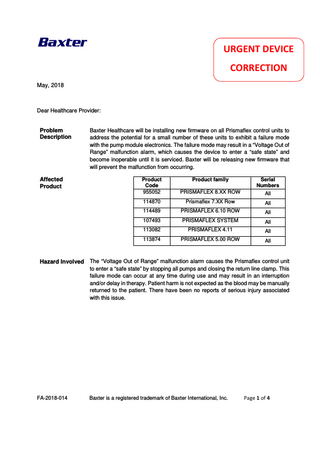 Prismaflex Control Unit Urgent Device Correction May 2018