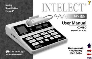 TABLE OF CONTENTS  Intelect® Legend Series Combo  Foreword... 1  Ultrasound... 25  Product Description... 1  Combination Therapy... 26  SAFETY PRECAUTIONS... 2-10  Miscellaneous... 27 Hand Held Probe (Optional)... 27  Precautionary Instructions... 2  Maintenance... 28  Cautions... 3-4  User Maintenance... 28  Warnings... 4-5  Technical Maintenance... 28  Dangers... 5  Warranty... 29  Indications/Contraindications and Adverse Effects... 6-10  overview... 11-12 Nomenclature... 13 specifications... 14-16 Stimulator Output Parameters... 14-15 Ultrasound Output Parameters... 16  setup... 17 Initial Setup Instructions... 17 Package Contents... 17  Operation... 18-27 Pain Management... 18 Interferential... 18-20 Premodulated... 21 Muscle Contraction... 22 High Volt... 22-23 Russian... 24  i  