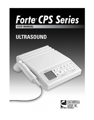 Table of Contents Remember When Operating the Forte Ultrasound... 1 Introduction... 2 Welcome to the Forte® Ultrasound... 2 Features of the Forte Ultrasound... 2 Foreword... 3 Precautionary Instructions... 3 Principles of Operation... 5 Initial Setup Instructions... 5 System Components... 5 Optional Accessories... 5 Operator Interface... 5 Operating Controls... 6 Indications and Contraindications... 7 Indications... 7 Contraindications... 7 Precautions... 7 Warnings... 8 Potential for Burns... 8 To Prevent Overheating of Soundhead... 8 Preventing Adverse Effects... 8 Handle Applicator with Care... 9 US Ultrasound... 10 Introduction to Ultrasound Therapy...10 Forte Clinical Features...10 General Setup Steps...10 Power-Up Preset Parameters...10 Quick Start...11 Detailed Setup Steps...11 Clinical Protocol System Setup Procedures...11 Appendix...12 Two Year Limited Warranty...12 System Utilities...13 Maintenance Instructions... 14 System Troubleshooting... 14 Technical Specifications for Ultrasound... 15 Description of Ultrasound Field... 18 Glossary... 21 Power Cord Illustration...22  