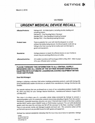 Getinge 86 and 88 Series Washer Disinfectors Urgent Medical Device Recall March 2018