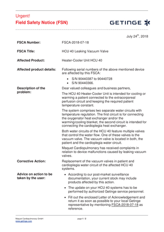 HCU40 Urgent Field Safety Notice July 2018