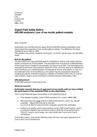 ABL800 Analyzers Urgent Field Safety Notice July 2018