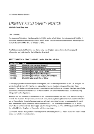 Molift 2-Point Sling Bars Urgent Field Safety Notice April 2019