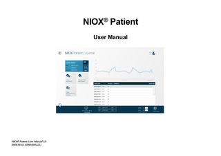 Table of contents  1 Important information ...3  5 NIOX® Admin ... 17  1.1 Before using NIOX® Patient ... 3 1.2 About this manual ... 3 1.3 Compliance... 3 1.4 Responsible manufacturer and contacts ... 3 1.5 Warnings... 3 1.6 Intended use ... 4  5.1 Start NIOX® Admin... 18 5.2 NIOX® Users ... 18 5.3 Create new user ... 19 5.4 Customize patient Journals... 20 5.5 Physicians ... 22 5.6 Database & Setup ... 22 5.7 QC Users ... 24  2 Product description ...4 2.1 NIOX® Patient ... 4 3 Installation and setup ...5 3.1 PC requirements... 5 3.2 Installation... 5 3.3 Database setup ... 7 3.4 Server requirements... 7 3.5 Set NIOX administrator privileges the first time ... 8 3.6 Installation of NIOX Database on SQL server... 9  6 NIOX® QC ... 24 6.1 Start NIOX® QC... 25 6.2 View instrument QC status... 25 6.3 View instrument QC logs ... 25  4 NIOX® Patient ...9 4.1 Start NIOX® Patient... 9 4.2 Create new patient ... 11 4.3 Search for a patient ... 11 4.4 Open a patient Journal ... 12 4.5 Make changes to an opened patient record... 13 4.6 Patient Notes... 14 4.7 Manage measurements... 15 4.8 Create a report of a Journal ... 16 4.9 Automatic import of measurements from NIOX® Panel... 17  NIOX® Patient User Manual US 000818-02  1  
