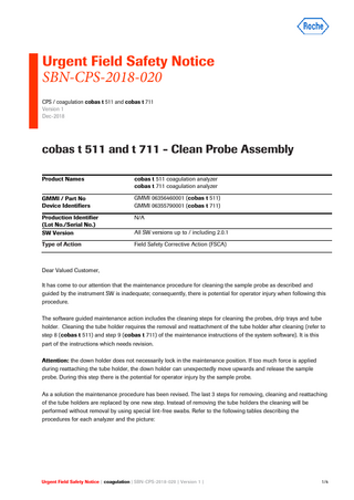 cobas t 511 and 711 Urgent Field Safety notice Dec 2018