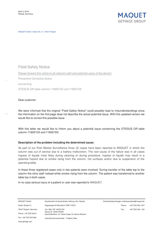 OTESUS OR table column Field Safety Notice April 2018