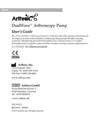 DualWave Arthroscopy Pump AR-6480 Users Guide Ver 1.7 Rev 0 Aug 2019