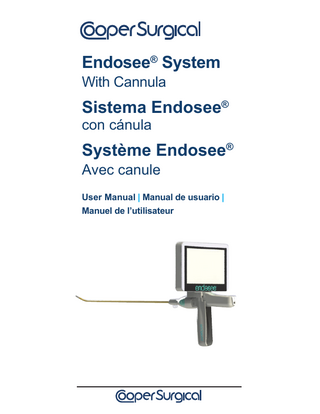 Endosee® System - User Manual  Table of Contents Warranty ...5 1  General Description and Intended Use ...6 1.1 Indications for Use ...7 1.2 Contraindications ...7  2  Warnings and Precautions ...8 2.1 General...8 2.2 Inspection, Use and Disposal ...9 2.3 Battery and Power Supply ...10 2.4 Environmental ... 11  3  Glossary of Symbols...13  4  Preparation for Use ...15 4.1 Unpacking and Inspection of Cannula ...15 4.2 Power Requirements ...15 4.3 Environmental Requirements ...16  5  Description of Components ...17 5.1 Product Description ...17 5.2 Reusable Handheld Display Module ...17 5.3 Docking Station ...18 5.4 Sterile, Single-use Disposable Diagnostic Cannula ...19 5.5 Device Classification, Technical and Safety Specification ...20 5.5.1 Technical Specifications ...20  6  Basics of Operation and Procedure ...21 6.1 Cautions for Handling and Use ...21 6.2 Fluid Delivery System...21 6.3 Cannula Attachment and removal to the Display Module ...22 6.4 Power Button Function ...23 6.5 Video and Picture (Single Frame Button) ...23 6.6 Touch Screen Functions ...24 6.7 Patient Examination Procedure ...30 6.8 Removal of the System ...31 6.9 Disposal of Biohazardous Material ...31 6.10 Battery Charging ...31 3  