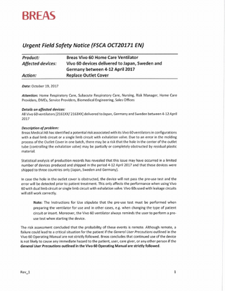  Vivo 60 Urgent Field Saftey Notice Homecare Ventilator Model  Oct 2017