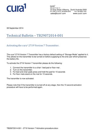Technical Bulletin 2719 Version 7 Activation Procedure TB29072014-001 Sept 2014