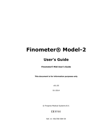 12 Finometer® Model-2 User’s Guide  Table of Contents Suggested reading order  2  Picture of Finometer® Model-2  3  The Finometer® Model-2 components  4  Packaging  5  Cautions in using Finometer® Model-2  6  When to use Finometer® Model-2  6  When not to use Finometer® Model-2  7  Avoiding injury to subjects and personnel  7  Customer support  9  Warranty  10  Disclaimer  11  1  17  2  3  Introduction 1.1  What is Finometer® Model-2?  17  1.2  Related publications  17  1.3  Quickstart  19  1.4  A first Finometer® Model-2 measurement  21  Safety information  23  2.1  Warnings, subject safety  23  2.2  Cautions  23  2.3  Precautions  24  2.4  Symbols and icons  25  2.5  Protective measures  26  System description  29  3.1  Checklist of Finometer® Model-2 configuration units  29  3.2  Main Unit  31  3.3  Frontend Unit  32  3.4  The Height Correction Unit (HCU)  34  
