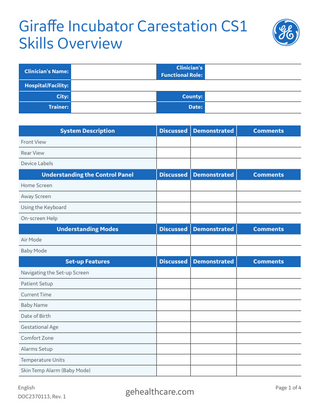 OmniBed Carestation CS1 Skills Overview Test Sheet Rev 1