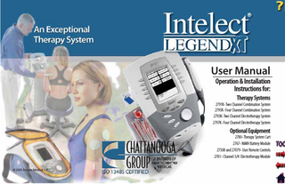 TABLE OF CONTENTS  Intelect® Legend XT Therapy System  FOREWORD... 1 PRODUCT DESCRIPTION... 1 ABOUT INTELECT LEGEND XT... 2 STANDARD PRECAUTIONARY INSTRUCTIONS... 2 Caution... 2 Warning... 2 Danger... 2 Dangerous Voltage... 2 Corrosive... 2 Spontaneous Combustion... 2 Biohazardous Materials... 2 CAUTIONS... 3 WARNINGS... 4 DANGERS... 6 ELECTROTHERAPY INDICATIONS, CONTRAINDICATIONS, AND ADVERSE EFFECTS... 7 Indications for Russian, TENS, High Voltage Pulsed Current (HVPC), Interferential and Premodulated waveforms... 7 Additional Indications for Microcurrent, Interferential, Premodulated, and TENS waveforms... 7 Contraindications... 7 Additional Precautions... 8 Adverse Eﬀects... 8 ULTRASOUND INDICATIONS AND CONTRAINDICATIONS... 9 Indications for Ultrasound... 9 Contraindications... 9 Additional Precautions... 9 NOMENCLATURE... 10  INTELECT LEGEND XT ELECTROTHERAPY AND COMBINATION THERAPY SYSTEMS... 10 Two Channel Electrotherapy System...10 Two Channel Combination System...10 Front Access Panel...11 Rear Access Panel...11 USER INTERFACE... 12 SYMBOL DEFINITIONS... 13 System Hardware Symbols...13 System Software Symbols...13 Optional Module and Accessory Symbols...13 Operator Remote...13 Battery Module...13 Channel 3/4 Electrotherapy Module...13 GENERAL TERMINOLOGY... 14 ULTRASOUND... 14 SPECIFICATIONS... 15 SYSTEM SPECIFICATIONS... 15 DIMENSIONS... 15 Width...15 Standard Weight...15 Power (Combination and Electrotherapy Units)...15 Electrical Type...15 Regulatory Compliance...15 WAVEFORM SPECIFICATIONS... 16 IFC- Interferential (Traditional 4 Pole)...16 Russian...16 TENS- Symmetrical Biphasic...17 Microcurrent...17  i  