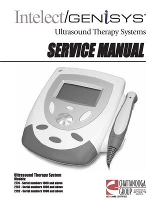 TABLE of CONTENTS  Intelect®/Genisys® Ultrasound Therapy Systems  Foreword...1 1- Safety Precautions...2 2- Theory of Operation...3 3- Nomenclature...4-5 Intelect/Genisys Ultrasound Therapy System...4 Intelect/Genisys Ultrasound Symbol Definitions...5 4- Specifications...6 5- Troubleshooting...7-14 5.1 Intelect/Genisys Ultrasound Software Error Messages .7-9 5.2 Intelect/Genisys Ultrasound Diagnostics...10 5.3 Visual Inspection...11 5.4 Leakage Tests...11 5.5 Unit Startop and Fan Testing...11 5.6 Ultrasound Tests...12 5.7 Ultrasound Applicator Identification Test...12 5.8 Ultrasound Applicator Output Test...13 5.9 Ultrasound Duty Cycle Test...14 6- Removal & Replacement...15-20 6.1 General...15 6.2 Top & Bottom of Unit...15 6.3 Fan Removal & Replacement...16 6.4 Power Supply Removal & Replacement...17 6.5 Ultrasound Board Removal & Replacement...18 6.6 LCD Display Removal & Replacement...19 6.7 Control Board Removal & Repalcement...20 7- Ultrasound Applicator Calibration...21 8- Parts...22-27 9- Schematics...28-33 10- Warranty...34  ©2004 Encore Medical Corporation or its affiliates, Austin, Texas, USA. Any use of editorial, pictorial or layout composition of this publication without express written consent from the Chattanooga Group of Encore Medical, L.P. is strictly prohibited. This publication was written, illustrated and prepared for print by the Chattanooga Group of Encore Medical, L.P.  