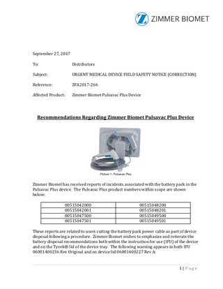 Zimmer Biomet Pulsavac Plus Device Safety Notice Sept 2017