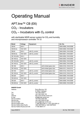 Operating Manual APT.line™ CB (E6) CO2 - Incubators CO2 – Incubators with O2 control with sterilizable NDIR sensor system for CO2 and humidity and microprocessor controller T4.12 Model  Voltage  Equipment  CB 60  230 V  9040-0088, 9140-0088  CB 60-UL  100-120V  9040-0089, 9140-0089  CB 60  230 V  with O2 control  9040-0090, 9140-0090  CB 60-UL  100-120V  with O2 control  9040-0091, 9140-0091  CB 160 (E6)  230 V  9040-0092, 9140-0092  CB 160-UL  100-120V  9040-0093, 9140-0093  CB 160 (E6)  230 V  with O2 control  9040-0094, 9140-0094  CB 160-UL  100-120V  with O2 control  9040-0095, 9140-0095  CB 160  230 V  with divided glass door  9040-0100, 9140-0100  CB 160-UL  100-120V  with divided glass door  9040-0101, 9140-0101  CB 160  230 V  with O2 control  with divided glass door  9040-0102, 9140-0102  CB 160-UL  100-120V  with O2 control  with divided glass door  9040-0103, 9140-0103  CB 220  230 V  9040-0096, 9140-0096  CB 220-UL  100-120V  9040-0097, 9140-0097  CB 220  230 V  with O2 control  9040-0098, 9140-0098  CB 220-UL  100-120V  with O2 control  9040-0099, 9140-0099  BINDER GmbH Address Tel. Fax Internet E-mail Service Hotline Service Fax Service E-Mail Service Hotline USA Service Hotline Asia Pacific Service Hotline Russia and CIS Issue 09/2013  Art. No.  Post office box 102 D-78502 Tuttlingen +49 7462 2005 0 +49 7462 2005 100 http://www.binder-world.com info@binder-world.com +49 7462 2005 555 +49 7462 2005 93 555 service@binder-world.com +1 866 885 9794 or +1 631 224 4340 x3 +852 39070500 or +852 39070503 +7 495 98815 17 Art. No. 7001-0229  