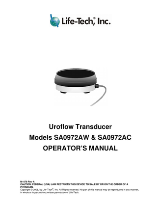 Models SA0972AW & SA0972AC Uroflow Transducer Operators Manual Rev A