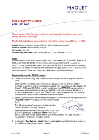 SERVO-i Field Safety Notice-Battery module April 2013