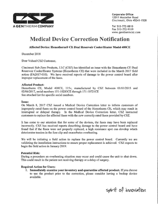 HEMOTHERM 400CE Medical Device Correction Notification Dec 2018