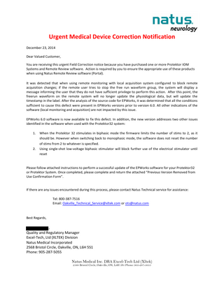 Protektor IOP System Urgent Medical Device Correction Notification Dec 2014