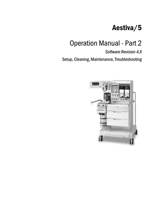 Table of Contents  1/Introduction How to use this manual... 1-2  i  Symbols used in the manual or on the equipment... 1-3 Maintenance summary and schedule... 1-6 Operator maintenance... 1-6 Datex-Ohmeda approved service... 1-7  2/Cleaning and Sterilization Summary... 2-2 Patient path... 2-2 Scavenging path... 2-3 Clean and sterilize... 2-4 To wash (by hand or machine)... 2-4 Autoclave... 2-5 Special requirements... 2-6 Assemble... 2-6 Disassemble the patient path... 2-7 Canister disassembly...2-10 Disassemble the scavenging path...2-12 How to clean and disinfect the flow sensors...2-13 How to clean and sterilize the optional CO2 bypass assembly...2-15  3/Setup and Connections Breathing system setup... 3-2 Canister setup... 3-6 Pneumatic and electrical connections... 3-8 How to install gas cylinders (high-pressure leak test)...3-11 Cylinder yokes...3-11 DIN connections...3-12 How to install the gooseneck lamp (12 V)...3-14 How to attach equipment to the top shelves...3-15 How to install equipment on the foldout shelf...3-17 Installation notes...3-18  1006-0939-000  i  