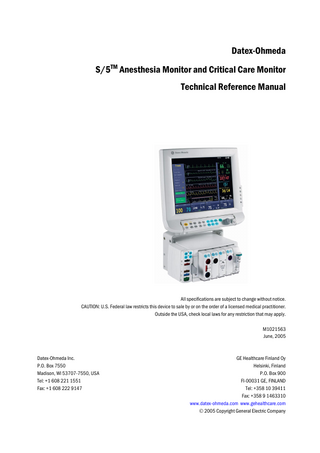 Master table of contents  Datex-Ohmeda S/5TM Anesthesia and Critical Care Monitors Technical Reference Manual, Order code: M1021563 Part I, General Service Guide Document No.  Updated  Description  M1027807  Introduction, System description, Installation, Interfacing, Functional check, General troubleshooting  1  M1027808  Planned Maintenance Instructions  2  Part II, Product Service Guide Document No.  Updated  Description  M1027809  AM, CCM Service Menu  1  M1027810  8-Module Frame, F-CU8  2  M1027811  5-Module Frame, F-CU5(P)  3  M1027812  CPU Board, B-CPU5  4  M1027813  UPINET Board, B-UPI4NET  5  M1023412  Displays and Display Controller Boards  6  M1027814  Command Boards and Bars  7  M1027815  Interface Board, B-INT  8  M1027816  Extension Frame, F-EXT, Extension Module, M-EXT  9  M10 39372  AM, CCM Spare Parts  10  