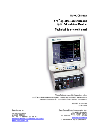 S5 Anesthesia and Critical Care Monitor Technical Reference Manual Oct 2003