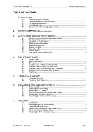 TABLE OF CONTENTS  Service Manual PV401  TABLE OF CONTENTS 1.  INTRODUCTION...1 1.1 1.2 1.3 1.4 1.5  Intended use of the ventilator... 1 Design and function of the ventilator... 1 The scope of this manual... 1 Intended audience ... 1 Service personnel's training requirements... 1  2.  OPERATING MANUAL (Reference copy)  3.  MAINTENANCE SERVICE INSTRUCTIONS ...1 3.1 3.2 3.3 3.4 3.5 3.6 3.7 3.8 3.9  4.  REPLACEMENT PARTS...1 4.1 4.2 4.3 4.4 4.5 4.6 4.7 4.8  5.  Pneumatic Diagram ... 1 Functional Block Diagram... 2  DISMANTLING AND ASSEMBLING THE PV 401 ...1 6.1 6.2 6.3 6.4 6.5 6.6  7.  General view ... 1 Casings and decals... 2 Drive unit... 3 Exploded view A, Motor and Transformer ... 4 Exploded view B, Casing and Base Plate ... 5 Exploded view C, Circuit Boards and Connectors ... 6 Exploded view D,.Bellows and Drive Screw ... 7 Part No. list... 8  FUNCTIONAL DIAGRAMS 5.1 5.2  6.  Verifying the components and software installed... 1 Special safety precautions ... 1 Equipment and tools required ... 1 Replacement parts required... 1 Servicing instructions... 2 Service schedule ... 2 External checks ... 3 Internal checks ... 4 Final checks before handing over ... 6  Tools required... 1 Removing the upper casing ... 1 Replacing the LCD board... 2 Removing the motor unit from the lower casing ... 3 Replacing the complete motor unit... 4 Assembling the motor unit in the casing... 6  MOTOR UNIT...1 7.1 7.2 7.3 7.4 7.5 7.6  Doc. No.1525En  Construction ... 1 Inspecting/Replacing the drive belts... 2 Lubricating the drive screw ... 2 Replacing the membranes in the check valves ... 3 Tubes and bellows, leakage check... 6 Replacing the drive screw assembly ... 7  Issue: K-2  BREAS MEDICAL  Page 1  