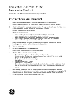 Carestation 750 Series (A1 and A2) Preoperative Checkout Users Reference Manual Rev 1 June 2019