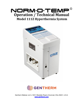 Operation / Technical Manual  NORM-O-TEMP, Model 111Z  TABLE OF CONTENTS TECHNICAL HELP ... 10 BEFORE YOU CALL FOR SERVICE.. ... 10 IN-WARRANTY REPAIR AND PARTS... 10 RECEIVING INSPECTION ... 10 IMPORTANT SAFETY INFORMATION ... 10 NORM-O-TEMP® OPERATING INSTRUCTIONS QUICK START GUIDE... 11 SECTION 1. INTRODUCTION ... 12 1-0. General Safety Precautions...12 1-1. General Description of this Manual...12 1-2. Description of the NORM-O-TEMP® Hyperthermia System ...13 1-3. Physical Description of the NORM-O-TEMP® System ...13 1-3.1. External Features and Descriptions – Front View ...13 1-3.2. External Features and Descriptions – Left Side View ...15 1-3.3. External Features and Descriptions – Rear View ...17 1-3.4. External Features and Descriptions – Right Side View ...19 1-3.5. External Features and Descriptions – Top View ...20 1-4. Required Accessories ...22 1-5. Functional Description of the NORM-O-TEMP® System ...22 1-5.1. Heating System ...22 1-5.2. Circulating System ...22 1-5.3. Temperature Safety Control System...23 SECTION 2. SPECIFICATIONS AND CERTIFICATIONS... 24 SECTION 3. GENERAL PREPARATION OF THE NORM-O-TEMP® SYSTEM ... 26 3-0. Introduction...26 3-1. Unpacking the Shipment ...26 3-2. First Time Set-Up / System Test Routine ...26 3-2.1. Inspecting and Arranging the Equipment ...26 3-2.2. Completing a System Test Routine...29 3-3. Unit and Patient Related Precautions ...30 3-4. Patient Preparation and Bedside Care...31 3-5. Alarms and Error Displays ...31 SECTION 4. OPERATING THE NORM-O-TEMP® SYSTEM... 33 4-0. Introduction...33 4-1. Arranging the System Components ...33 4-2. Operating the NORM-O-TEMP® System...34 4-3. Concluding the Use of the NORM-O-TEMP® System...35 SECTION 5. GENERAL MAINTENANCE OF THE NORM-O-TEMP® SYSTEM ... 36 5-0. Introduction...36 5-1. Maintenance of Water Reservoir ...38 5-1.1. Internal Cleaning using Bleach / Dry Storage Procedure ...38 5-1.2. Internal Cleaning & Disinfecton Using Gigasept FF / Dry Storage Procedure ...40 5-1.3. Internal Cleaning & Disinfection Using Maranon H / Dry Storage Procedure ...41 5-1.4. Draining the Reservoir ...42 5-1.5. Replenishing the Reservoir / Fixing a Low Water Alarm ...43 5-2. Maintenance of the Water Filter ...43 5-3. Maintenance of the NORM-O-TEMP® Exterior & Vents – Cleaning Instructions ...44 5-4. Maintenance of the Hyper-Hypothermia Blanket / Pad(s) ...45 5-4.1. Cleaning / Maintenance of Reusable Blanket / Pad(s) ...45 5-4.2. Cleaning / Maintenance of Disposable, Single-Patient Use Blanket / Pad(s) ...45  Page 7 of 81  