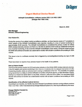 Infinity CentralStation sw VG2.1.2 series Urgent Medical Device Recall March 2022