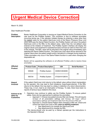 PrisMax System Urgent Medical Device Correction March 2022